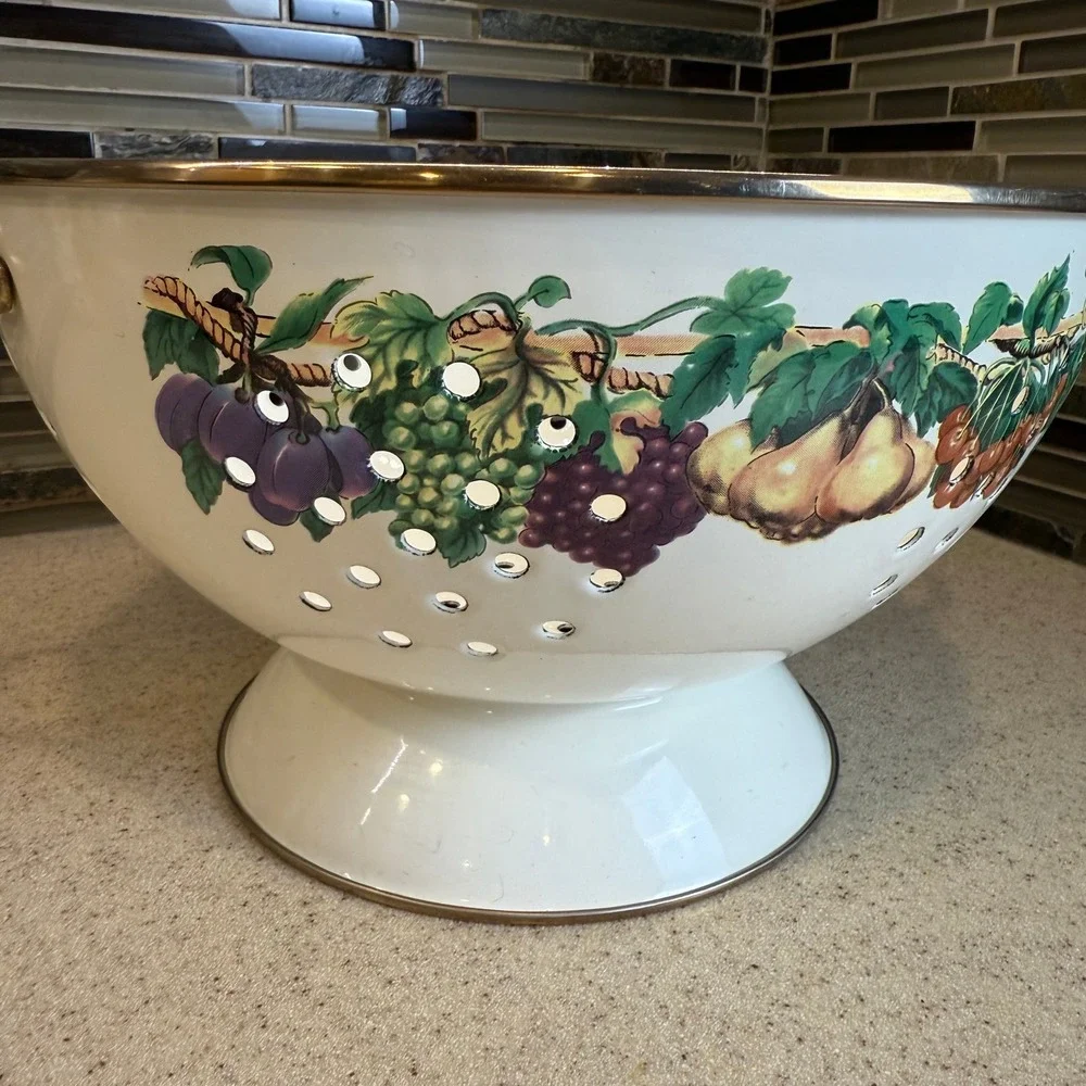 Vintage Enamel Fruit Colander White‎ Pedestal Strainer Brass Handles Cottagecore